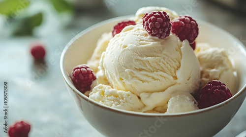 Photo of Vanilla Ice Cream with Frozen Raspberries in a Bowl