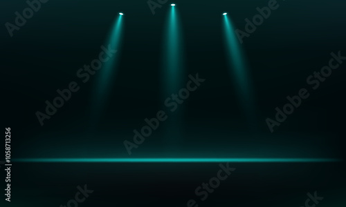 Empty stage glowing blue color light on black background. Space for selling products on the website. Empty room with spotlight effect. Vector illustration.