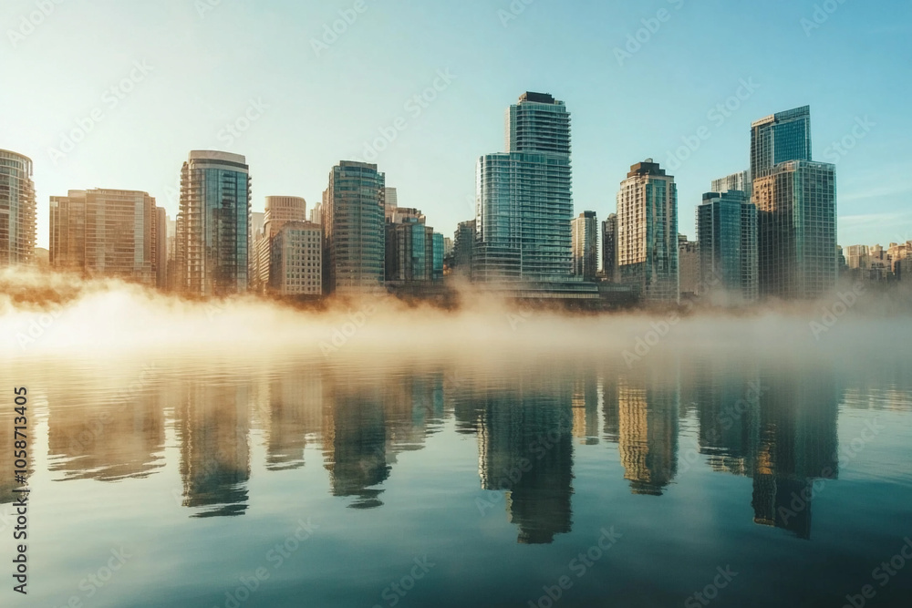 High-rise buildings reflect in misty lake at sunrise in a city High-rise buildings reflect in misty lake at sunrise in a city