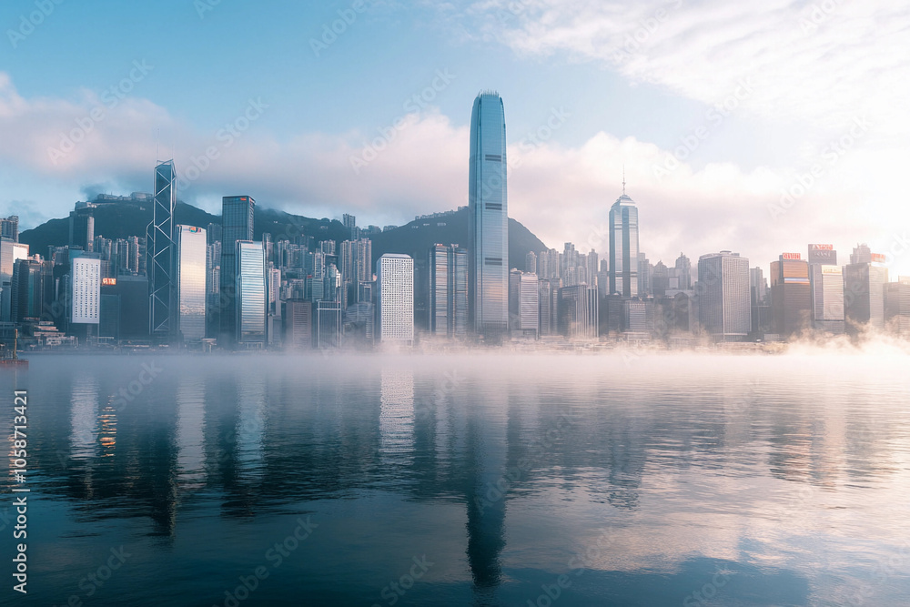 Morning mist over Hong Kong skyline reflecting in water Morning mist over Hong Kong skyline reflecting in water