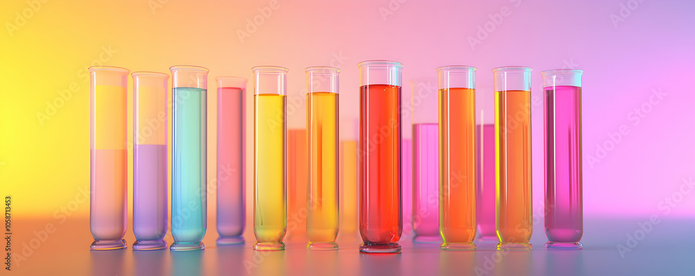 Group of test tubes with colorful liquids on gradient background Group of test tubes with colorful liquids on gradient background