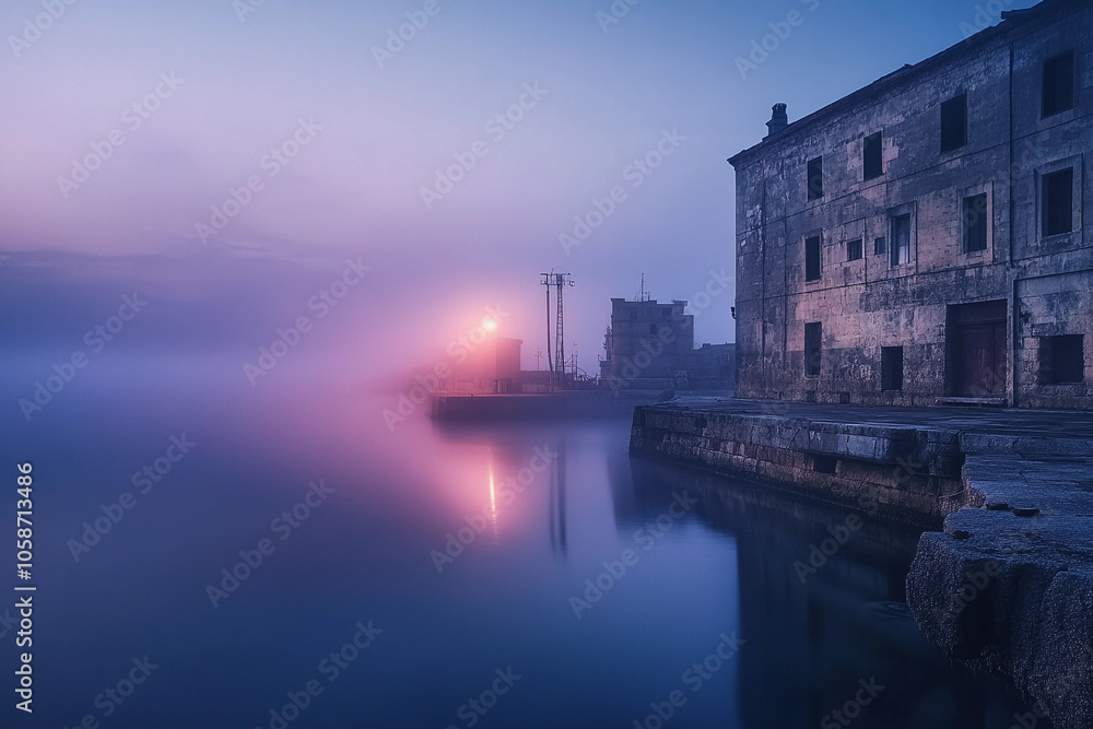 Misty morning by the harbor with a tranquil sunrise glow Misty morning by the harbor with a tranquil sunrise glow
