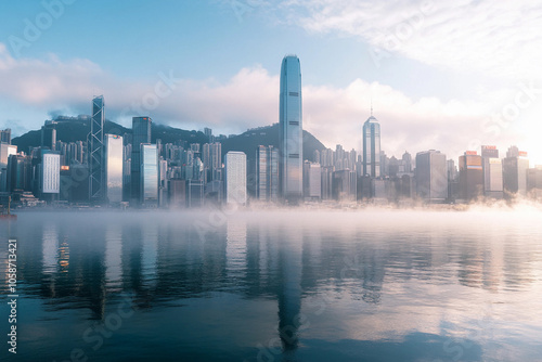 Morning mist over Hong Kong skyline reflecting in water