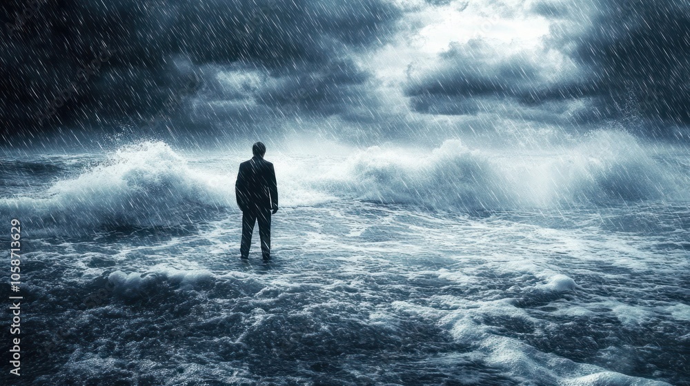 A lone businessman stands in the middle of a raging sea, facing a powerful storm with rain and waves crashing around him. A lone businessman stands in the middle of a raging sea, facing a powerful storm with rain and waves crashing around him.