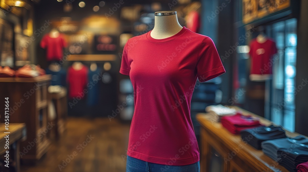 Obraz premium A 3D sport T-shirt in plain red on a mannequin, with a close-up focusing on the hemline and lower torso.