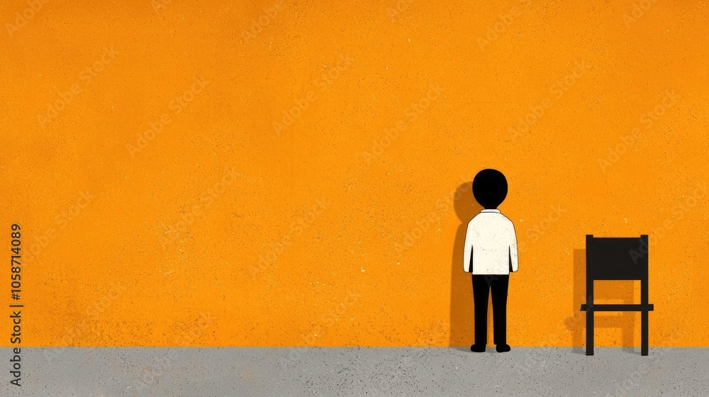 A solitary figure stands against an orange wall next to an empty chair, evoking feelings of contemplation and introspection in this minimalist scene.