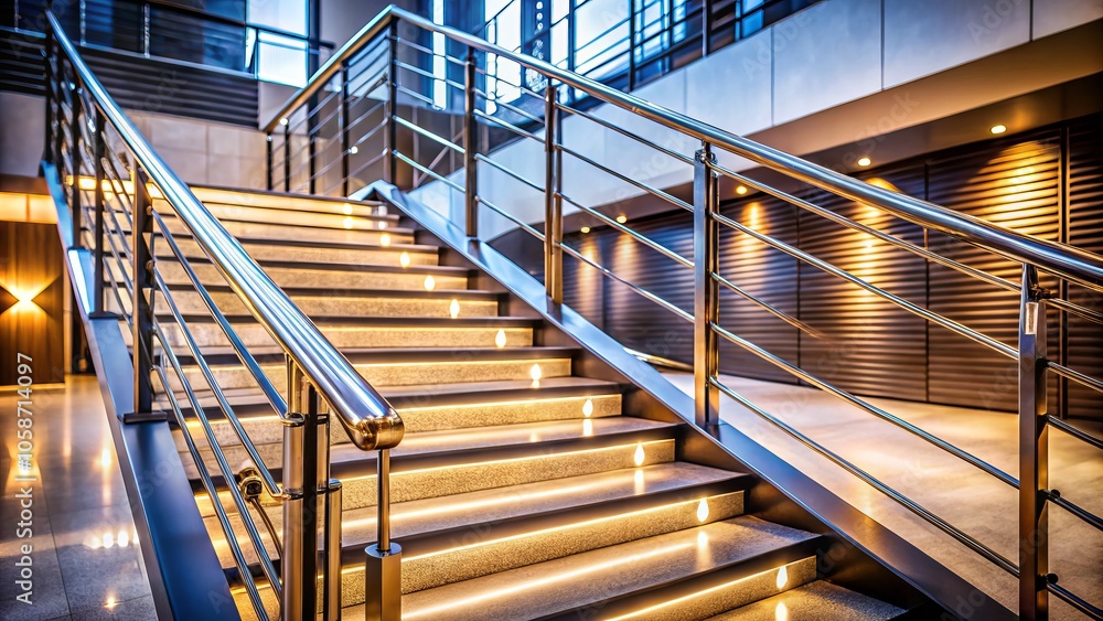 Staircase with Metal Railing - Architectural Design, Modern Stairs, Interior Decor, Home Renovation, Elegant Stairway, Minimalist Style, Leading Lines, Depth of Field, Lighting Staircase with Metal Railing - Architectural Design, Modern Stairs, Interior Decor, Home Renovation, Elegant Stairway, Minimalist Style, Leading Lines, Depth of Field, Lighting