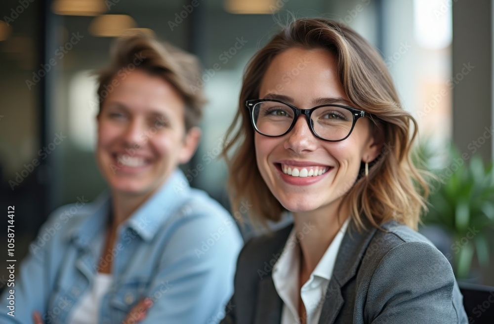 Two professionals engage in conversation at a modern office with bright lighting, showcasing collaboration and teamwork