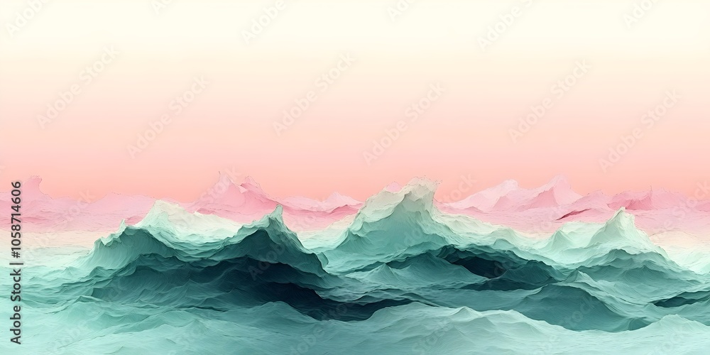 A serene abstract depiction of ocean waves, showcasing gradients of teal, mint, and soft pink against a pale pastel sky, evoking a calming and dreamy atmosphere. A serene abstract depiction of ocean waves, showcasing gradients of teal, mint, and soft pink against a pale pastel sky, evoking a calming and dreamy atmosphere.