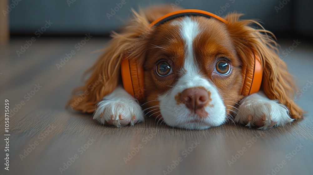 A brown and white dog with orange headphones on its head A brown and white dog with orange headphones on its head