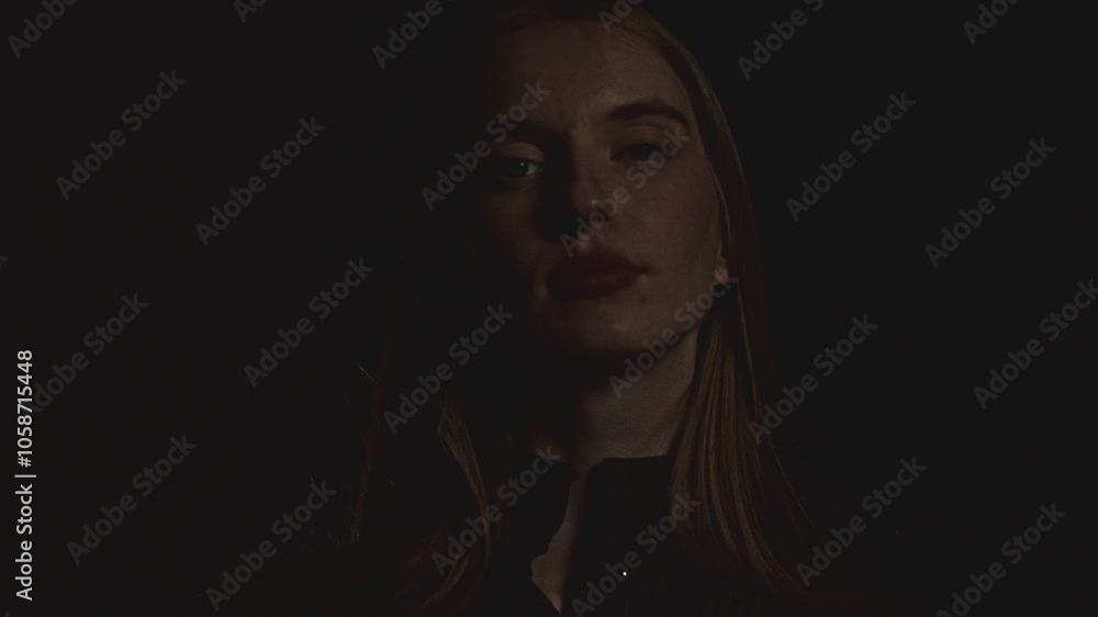 Blonde woman in a black shirt poses for a photographer, showcasing various lighting setups that create dramatic shadows and highlight her confident expression in a studio setting Blonde woman in a black shirt poses for a photographer, showcasing various lighting setups that create dramatic shadows and highlight her confident expression in a studio setting