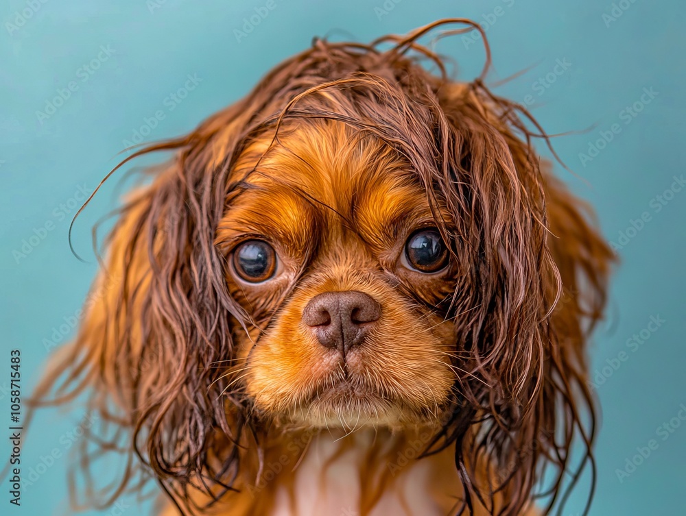 Naklejka premium A brown dog with wet hair on a blue background