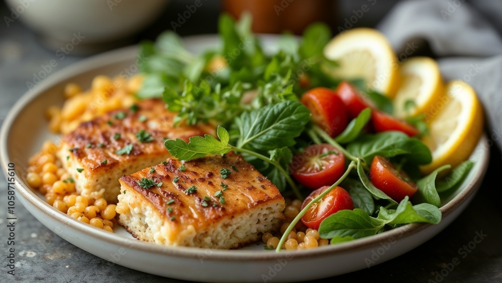 Balanced casserole meal for diet improvement with tomatoes, greens, lentils, and lemon Balanced casserole meal for diet improvement with tomatoes, greens, lentils, and lemon