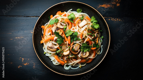 Colorful stir-fried noodles with carrots, mushrooms, and fresh cilantro served on a dark plate with a rustic wooden background