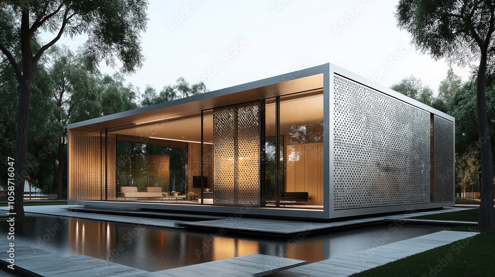 Modern minimalist house with perforated metal panels and large glass windows, surrounded by trees and reflecting pool, showcasing contemporary architectural design elements. Modern minimalist house with perforated metal panels and large glass windows, surrounded by trees and reflecting pool, showcasing contemporary architectural design elements.