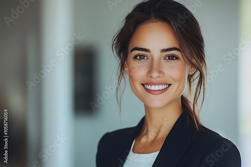 Confident Businesswoman Smiling in Office Attire with Natural Makeup