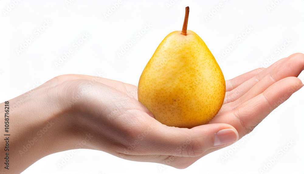 A hand gently holds a ripe, yellow pear. A hand gently holds a ripe, yellow pear.