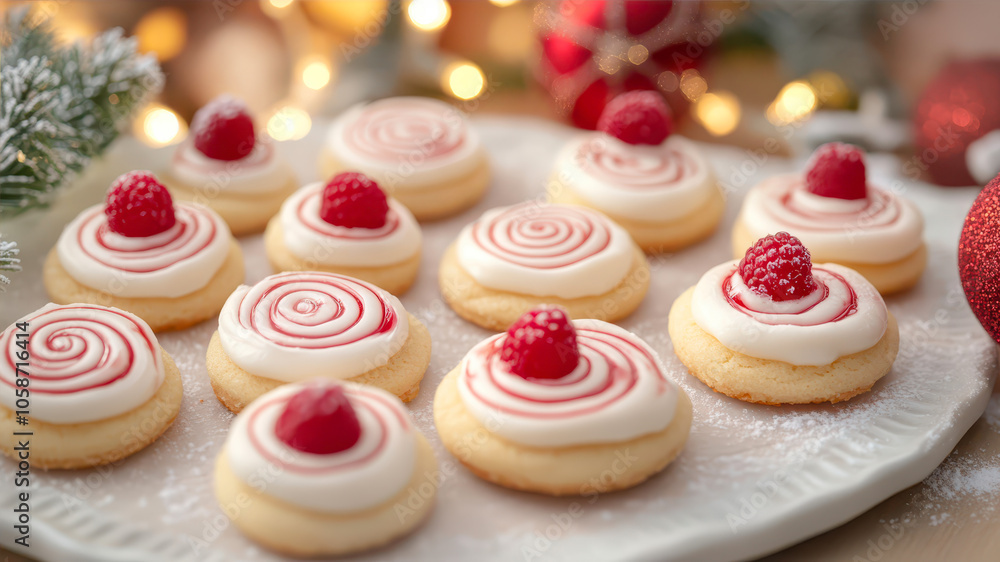 Delicious Cookies Adorned With Raspberries and Icing in a Festive Holiday Setting Delicious Cookies Adorned With Raspberries and Icing in a Festive Holiday Setting