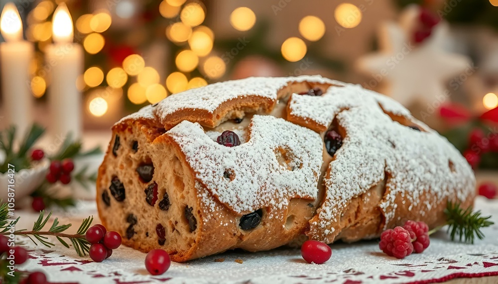 Christmas stollen bread dusted with powdered sugar and festive decorations Christmas stollen bread dusted with powdered sugar and festive decorations