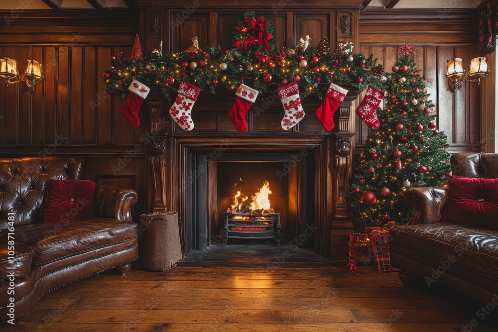 Charming fireplace adorned with Christmas stockings and tinsel garland, complemented by brown leather sofas and warm wooden floors. Charming fireplace adorned with Christmas stockings and tinsel garland, complemented by brown leather sofas and warm wooden floors.