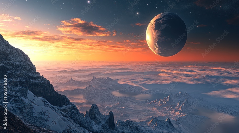 A stunning alien landscape with mountains, clouds, and a distant planet in a twilight sky. A stunning alien landscape with mountains, clouds, and a distant planet in a twilight sky.