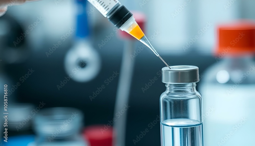 Syringe filling with liquid from a vial in a laboratory setting.
Syringe filling with liquid from a vial in a laboratory setting.
