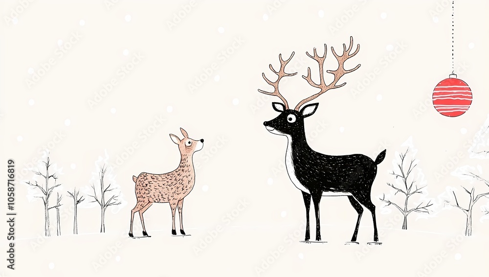 Merry Christmas card featuring Rudolf and a playful fawn, Merry Christmas card, seasons greetings Merry Christmas card featuring Rudolf and a playful fawn, Merry Christmas card, seasons greetings