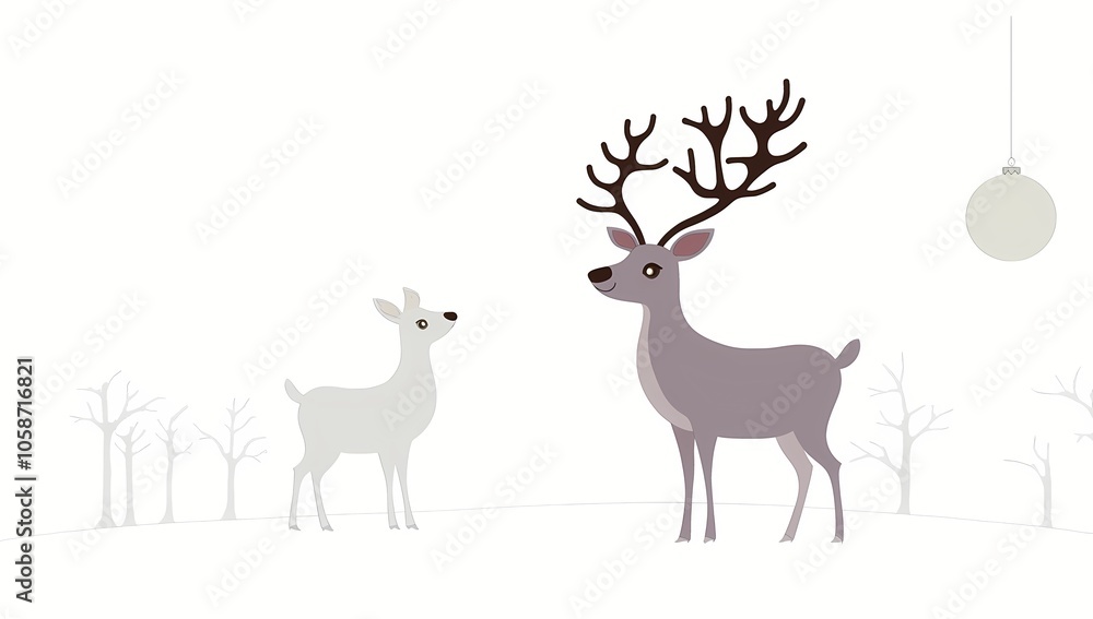 Minimalist Christmas card featuring Rudolf and a reindeer, Merry Christmas card, seasons greetings Minimalist Christmas card featuring Rudolf and a reindeer, Merry Christmas card, seasons greetings