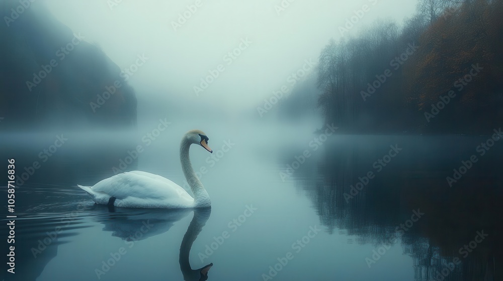 elegant swan gliding gracefully on a misty lake, shrouded in soft white fog, creating a serene winter ambiance with muted colors and gentle ripples elegant swan gliding gracefully on a misty lake, shrouded in soft white fog, creating a serene winter ambiance with muted colors and gentle ripples