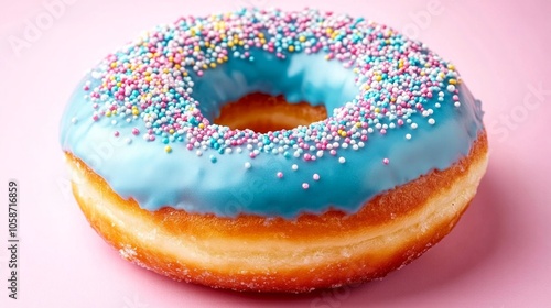 A blue frosted doughnut with rainbow sprinkles