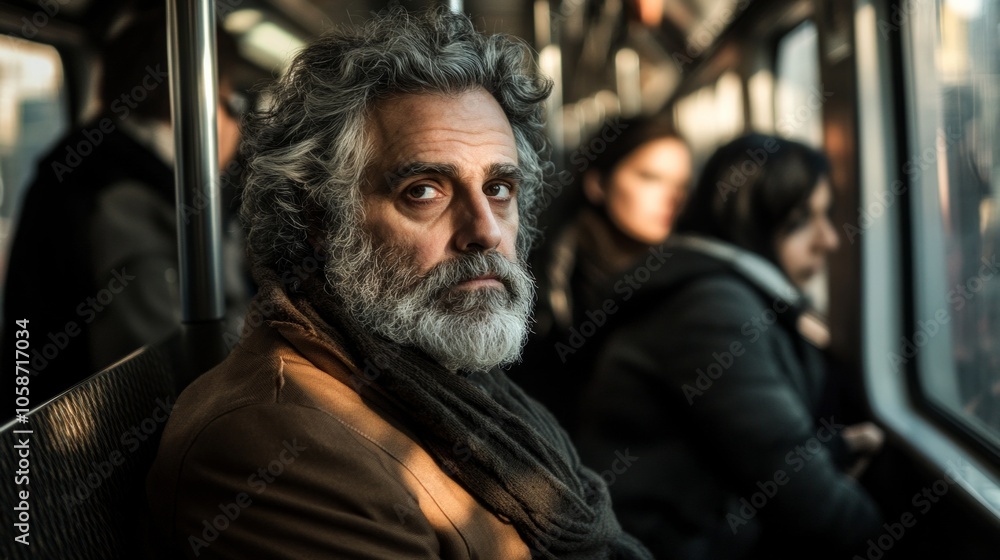 A man with a beard and gray hair is sitting on a train A man with a beard and gray hair is sitting on a train