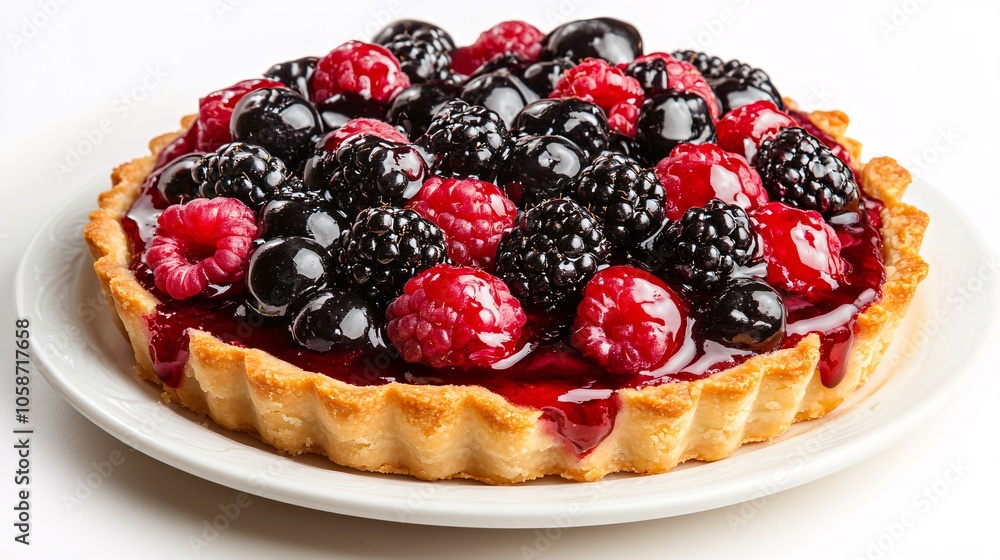 Fresh Fruit Tart with Glossy Glaze and Mixed Berries on White Plate in Bright Natural Light. Fresh Fruit Tart with Glossy Glaze and Mixed Berries on White Plate in Bright Natural Light.