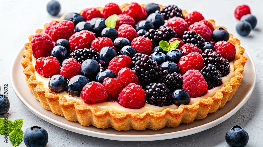 Summer Bliss - Vibrant Fruit Tart with Berries on White Plate in Natural Light Summer Bliss - Vibrant Fruit Tart with Berries on White Plate in Natural Light