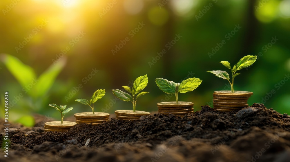 Fototapeta premium Growth concept with coins and plants symbolizing investment and sustainability.