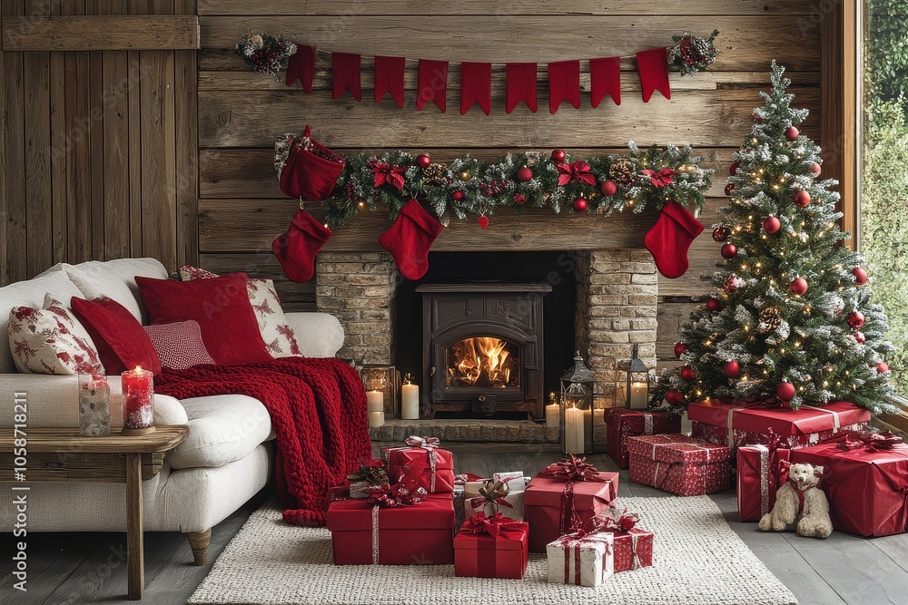 Cozy red and white Christmas-themed living room featuring a fireplace, decorated tree, and garland on the wall, with gifts under the tree. Cozy red and white Christmas-themed living room featuring a fireplace, decorated tree, and garland on the wall, with gifts under the tree.