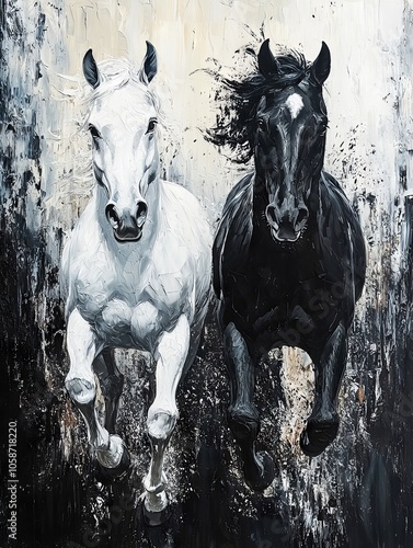 A painting of two black and white horses running in the rain photo