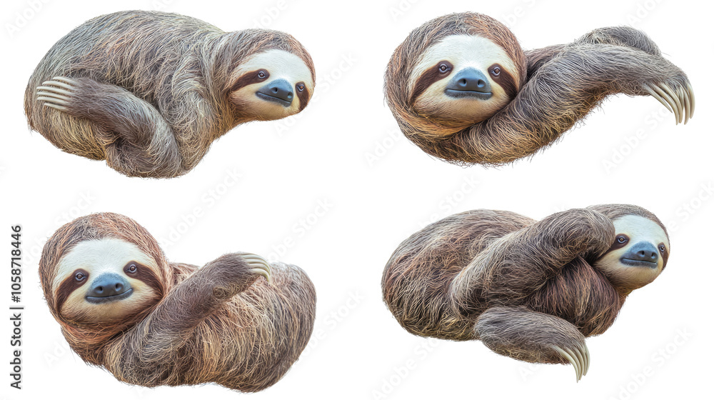 Obraz premium Sloths in Various Poses on Transparent Background Generative AI