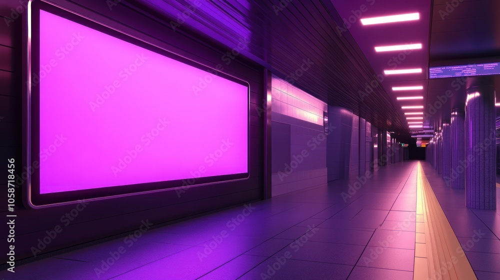 An empty billboard with a pink glow in an underground subway station. An empty billboard with a pink glow in an underground subway station.
