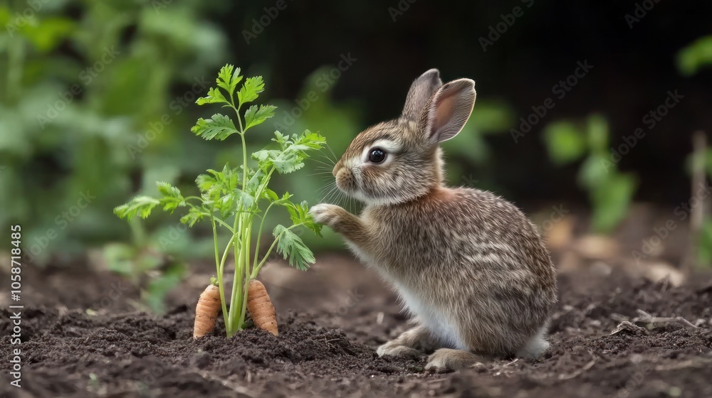 A cute little rabbit nibbles on a carrot plant in a garden. A cute little rabbit nibbles on a carrot plant in a garden.