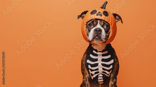 A dog wearing a pumpkin costume