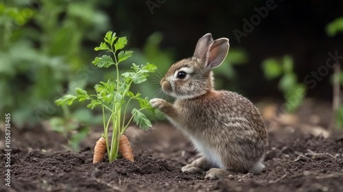 A cute little rabbit nibbles on a carrot plant in a garden.