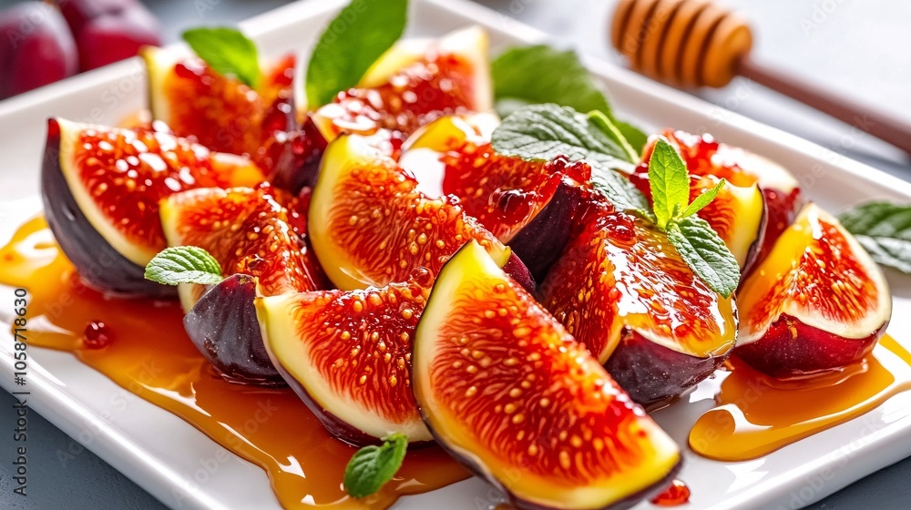 Richness Revealed - Close-up of Juicy Ripe Fig Halves with Honey Drizzle on White Plate in Soft Natural Light Richness Revealed - Close-up of Juicy Ripe Fig Halves with Honey Drizzle on White Plate in Soft Natural Light