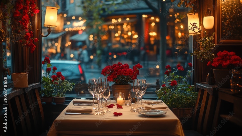 A romantic table setting for two at a cozy restaurant with a view of a bustling city street through the window. A romantic table setting for two at a cozy restaurant with a view of a bustling city street through the window.