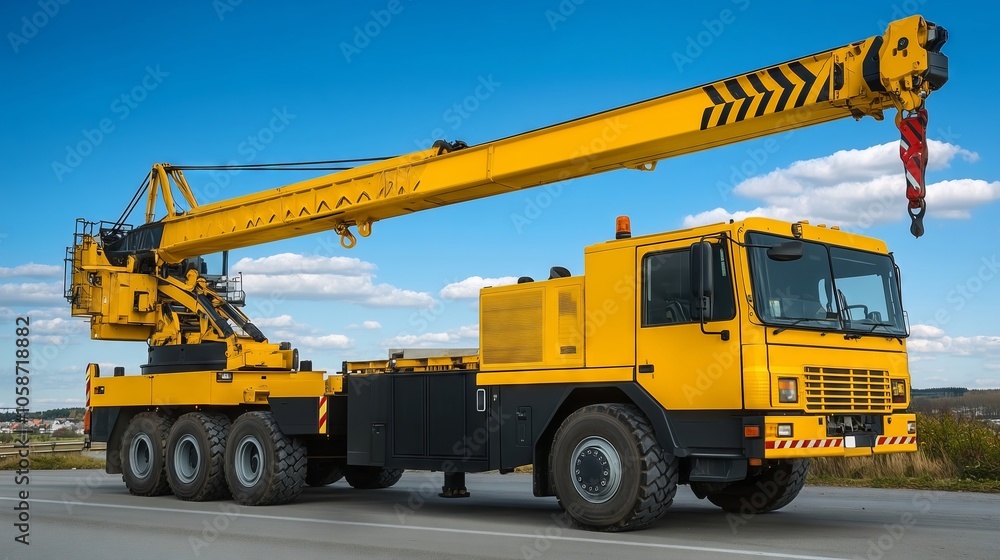 Yellow mobile crane truck parked on a road under blue sky Yellow mobile crane truck parked on a road under blue sky