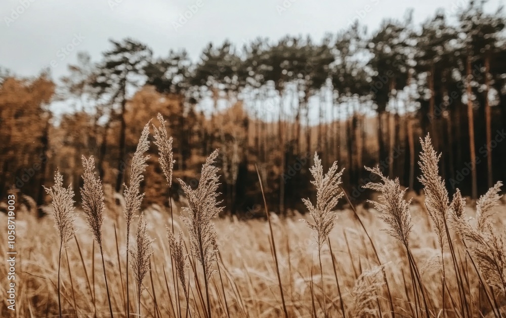 Fototapeta premium A low-angle shot capturing tall grasses in the foreground, with a softly blurred forest in the background under an overcast sky