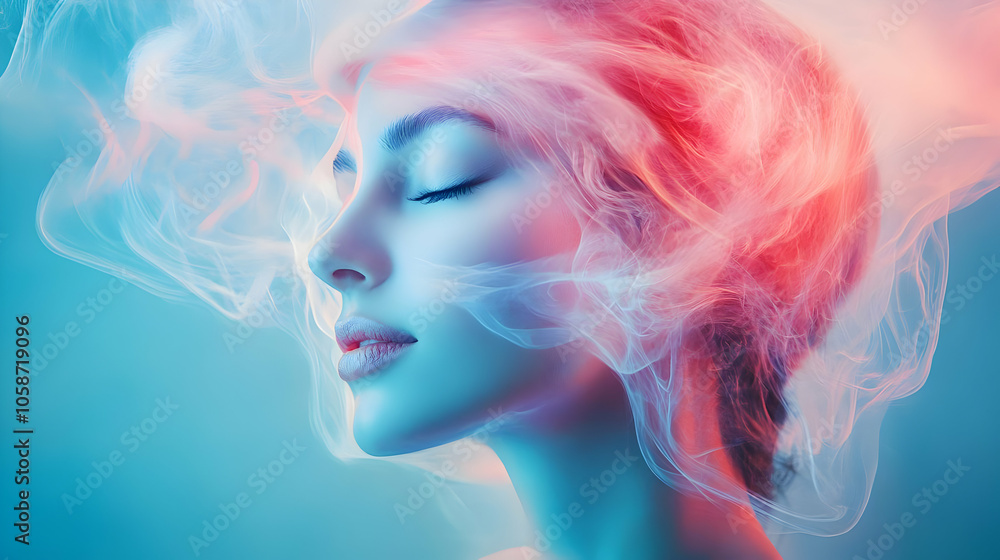 3D Illustration - Woman Smoke Face Blue Pink Dream 3D Illustration - Woman Smoke Face Blue Pink Dream