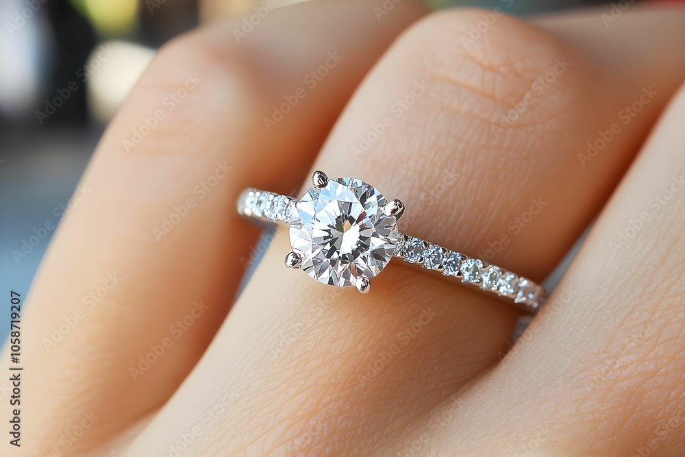 A sparkling diamond engagement ring adorns a finger, showcasing its elegant design and brilliance against a soft backdrop. A sparkling diamond engagement ring adorns a finger, showcasing its elegant design and brilliance against a soft backdrop.