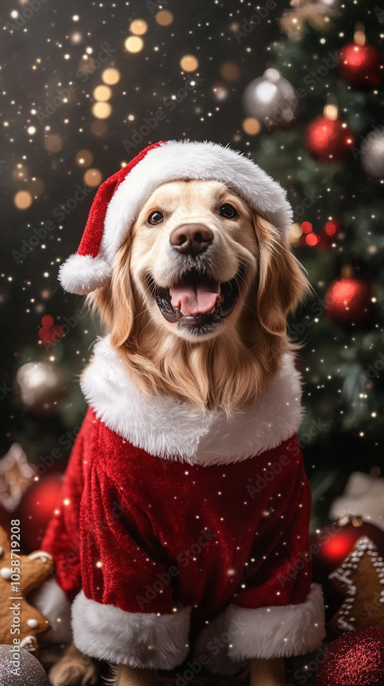 Xmas vibes - christmas mood - happy funny cute golden retriever dog wearing santa claus hat in front of christmas tree. Vertical banner fot instagram story, reel or tiktok Xmas vibes - christmas mood - happy funny cute golden retriever dog wearing santa claus hat in front of christmas tree. Vertical banner fot instagram story, reel or tiktok