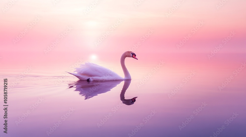 Obraz premium A swan is swimming in a lake with a pink and purple sky in the background