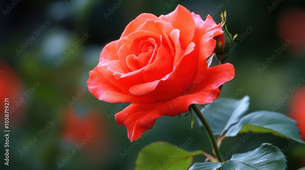 A vibrant orange rose in full bloom, showcasing its delicate petals and green leaves. A vibrant orange rose in full bloom, showcasing its delicate petals and green leaves.